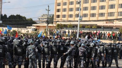 Clashes between police and protesters in Baneshwar