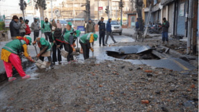 Melamchi Drinking Water pipe bursts at Thapathali, vicinity waterlogged